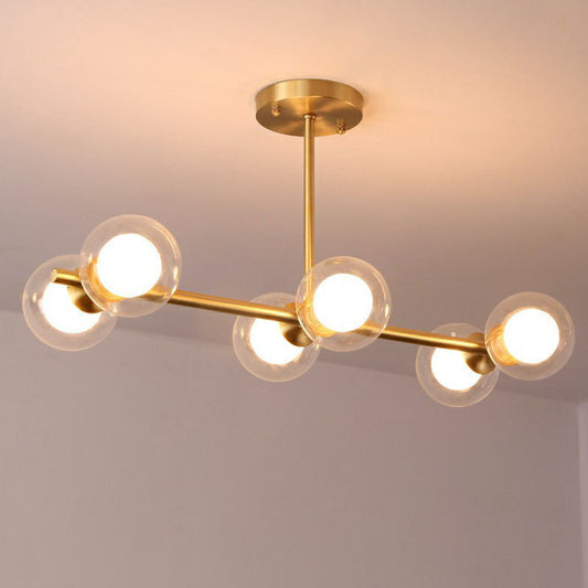 Brass Finish Linear Island Light Postmodernism 6-Light Metal Hanging Pendant with Ball Glass Shade Clearhalo 'Ceiling Lights' 'Island Lights' Lighting' 2255147