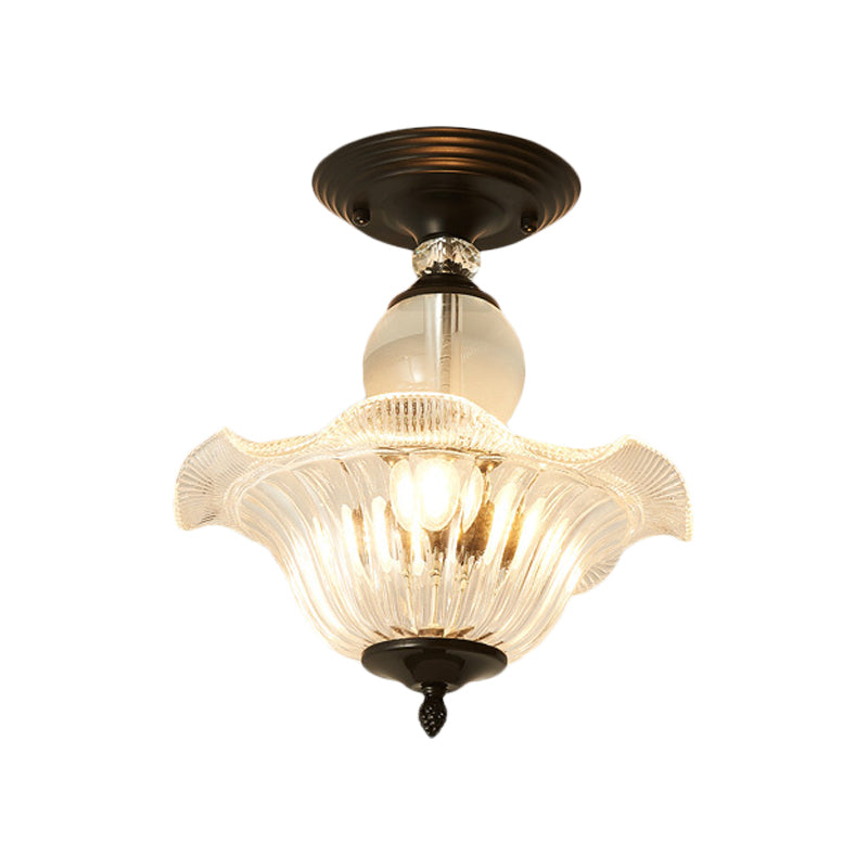 12"/16" Dia Flared Semi Flush Mount Light Modern Ribbed Glass 1 Light Ceiling Lamp in Black/Gold with Crystal Stands Clearhalo 'Ceiling Lights' 'Close To Ceiling Lights' 'Close to ceiling' 'Semi-flushmount' Lighting' 225520