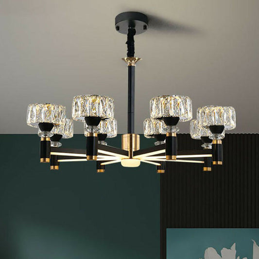 Drum Shaped Hanging Light Fixture Modern Beveled Crystal Living Room Chandelier in Black 8 Black Clearhalo 'Ceiling Lights' 'Chandeliers' 'Modern Chandeliers' 'Modern' Lighting' 2255208