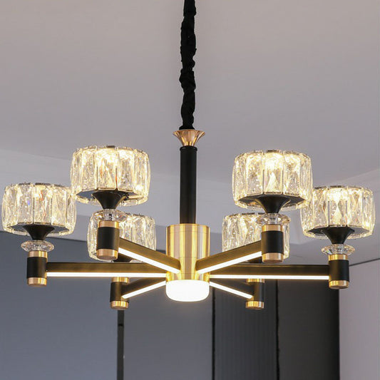 Drum Shaped Hanging Light Fixture Modern Beveled Crystal Living Room Chandelier in Black Clearhalo 'Ceiling Lights' 'Chandeliers' 'Modern Chandeliers' 'Modern' Lighting' 2255216