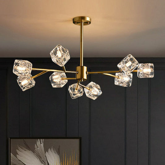 Post-Modern Branch Chandelier Lamp Clear Crystal Cube Living Room Suspension Light in Gold Clearhalo 'Ceiling Lights' 'Chandeliers' 'Modern Chandeliers' 'Modern' Lighting' 2255327