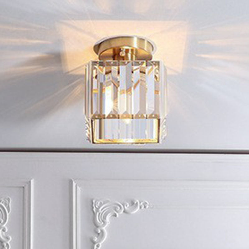 Small Crystal Prism Semi Flush Mount Light Simple Style 1 Head Golden  Ceiling Lighting for Foyer