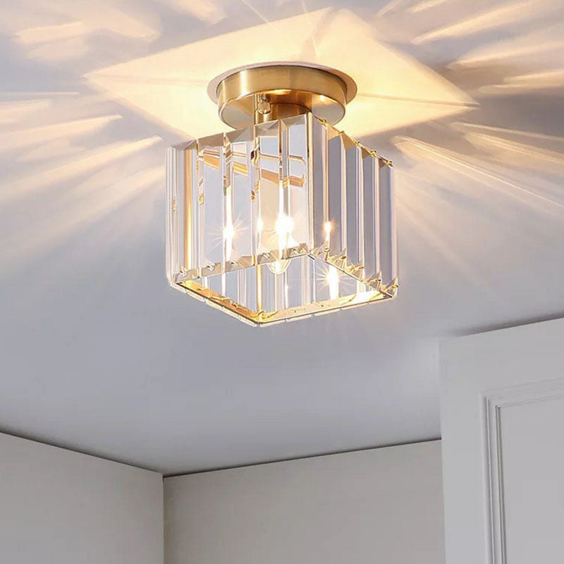 Small Crystal Prism Semi Flush Mount Light Simple Style 1 Head Golden  Ceiling Lighting for Foyer