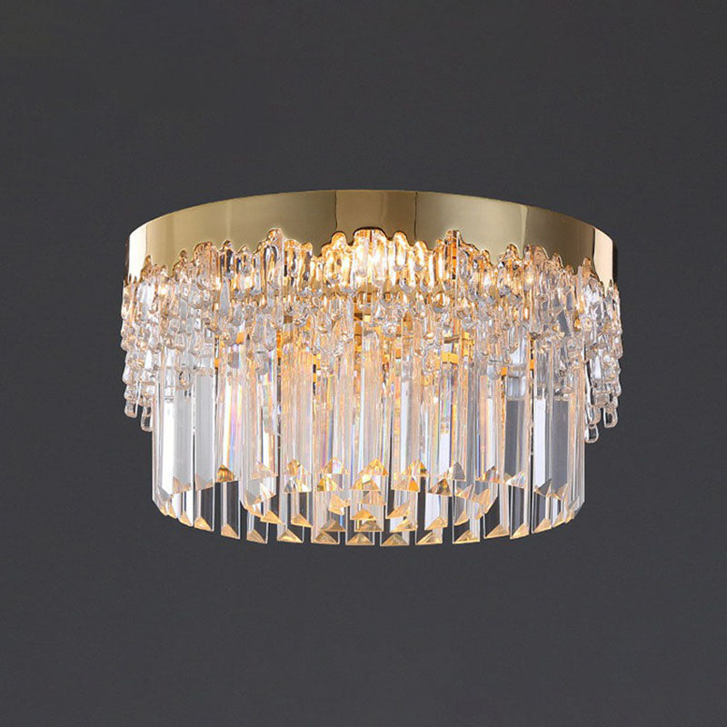 Round Clear Prismatic Crystal Flush Light Postmodern Gold Finish Flushmount Ceiling Lamp Gold 14" Clearhalo 'Ceiling Lights' 'Close To Ceiling Lights' 'Close to ceiling' 'Flush mount' Lighting' 2255460