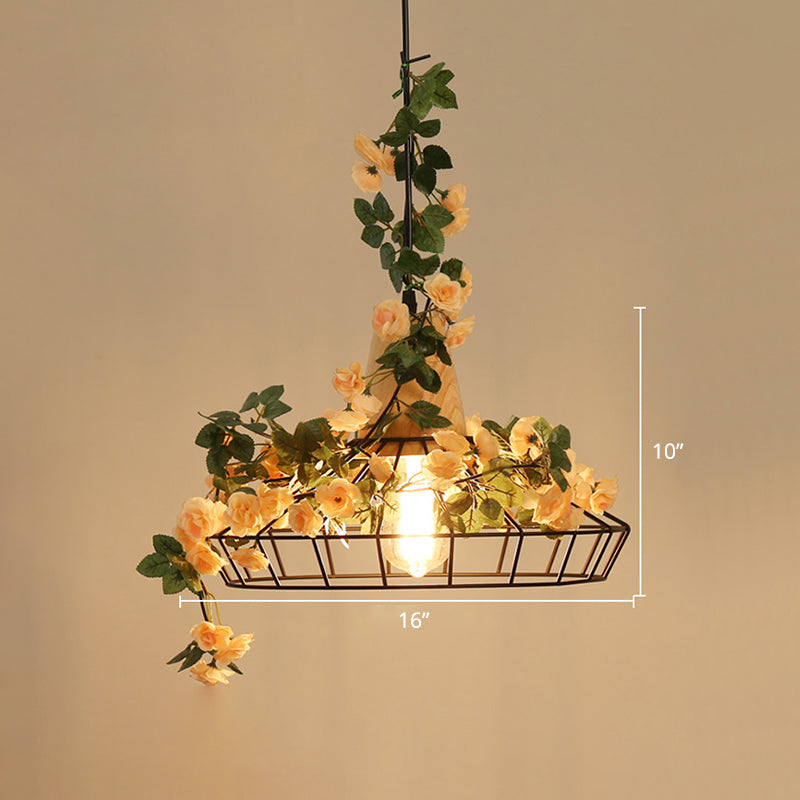 Vintage Caged Hanging Lamp 1-Light Iron Lighting Pendant with Artificial Rose in Orange Pink Clearhalo 'Art Deco Pendants' 'Cast Iron' 'Ceiling Lights' 'Ceramic' 'Crystal' 'Industrial Pendants' 'Industrial' 'Metal' 'Middle Century Pendants' 'Pendant Lights' 'Pendants' 'Tiffany' Lighting' 2255504