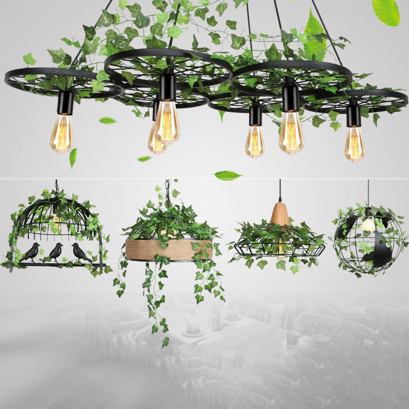 Green Ceiling Light Rustic Metal Wagon Wheel Hanging Lamp with Ivy Decor for Restaurant Clearhalo 'Art Deco Pendants' 'Cast Iron' 'Ceiling Lights' 'Ceramic' 'Crystal' 'Industrial Pendants' 'Industrial' 'Metal' 'Middle Century Pendants' 'Pendant Lights' 'Pendants' 'Tiffany' Lighting' 2255506