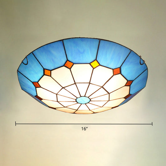 Bowl Flush Mount Lighting Mediterranean Gridded Glass Blue Ceiling Light Flush Mount Blue 16" Clearhalo 'Ceiling Lights' 'Close To Ceiling Lights' 'Close to ceiling' 'Flush mount' Lighting' 2255603