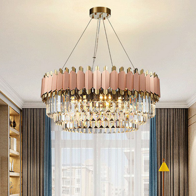 Tiered Round Chandelier Pendant Light Contemporary Prismatic Crystal Living Room Hanging Light in Pink Clearhalo 'Ceiling Lights' 'Chandeliers' 'Modern Chandeliers' 'Modern' Lighting' 2255676