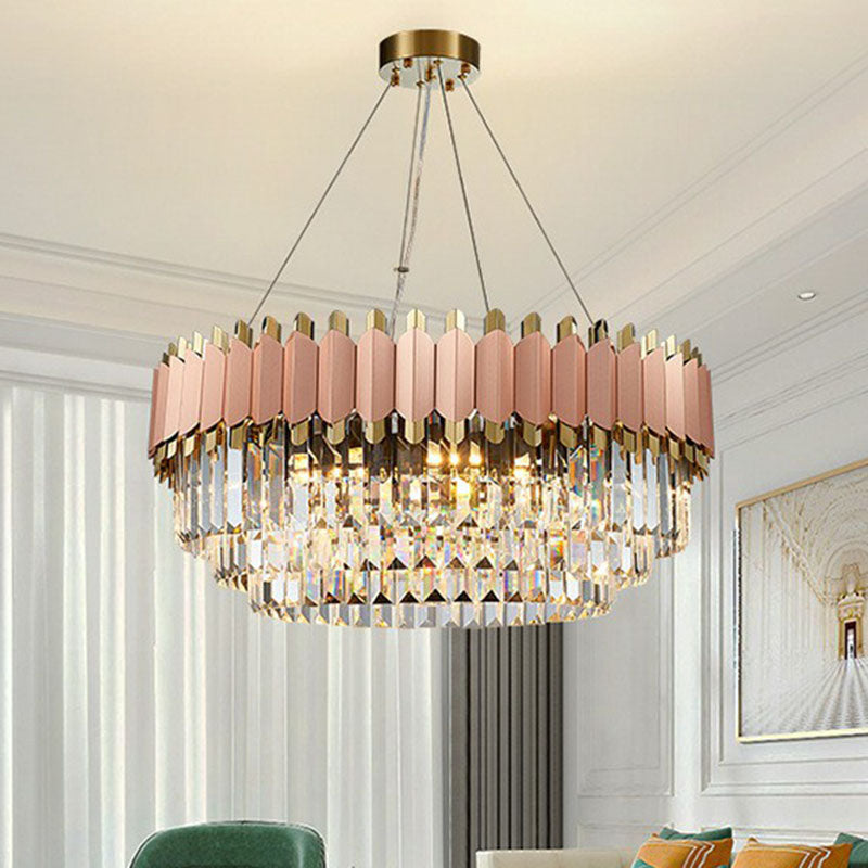 Tiered Round Chandelier Pendant Light Contemporary Prismatic Crystal Living Room Hanging Light in Pink Clearhalo 'Ceiling Lights' 'Chandeliers' 'Modern Chandeliers' 'Modern' Lighting' 2255677