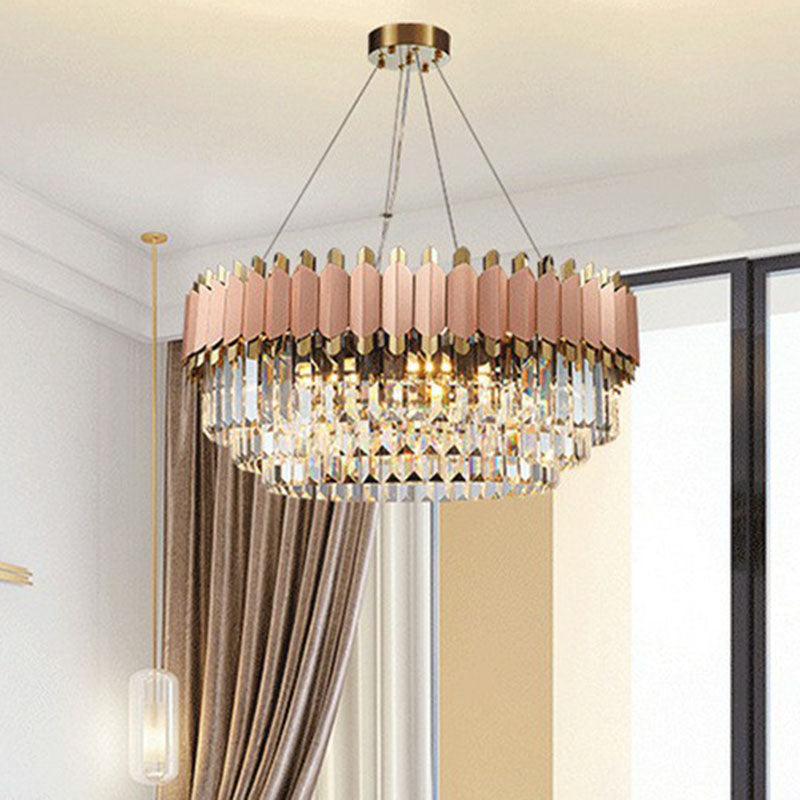 Tiered Round Chandelier Pendant Light Contemporary Prismatic Crystal Living Room Hanging Light in Pink Clearhalo 'Ceiling Lights' 'Chandeliers' 'Modern Chandeliers' 'Modern' Lighting' 2255678