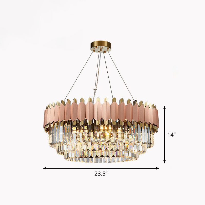 Tiered Round Chandelier Pendant Light Contemporary Prismatic Crystal Living Room Hanging Light in Pink Pink 23.5" Clearhalo 'Ceiling Lights' 'Chandeliers' 'Modern Chandeliers' 'Modern' Lighting' 2255680