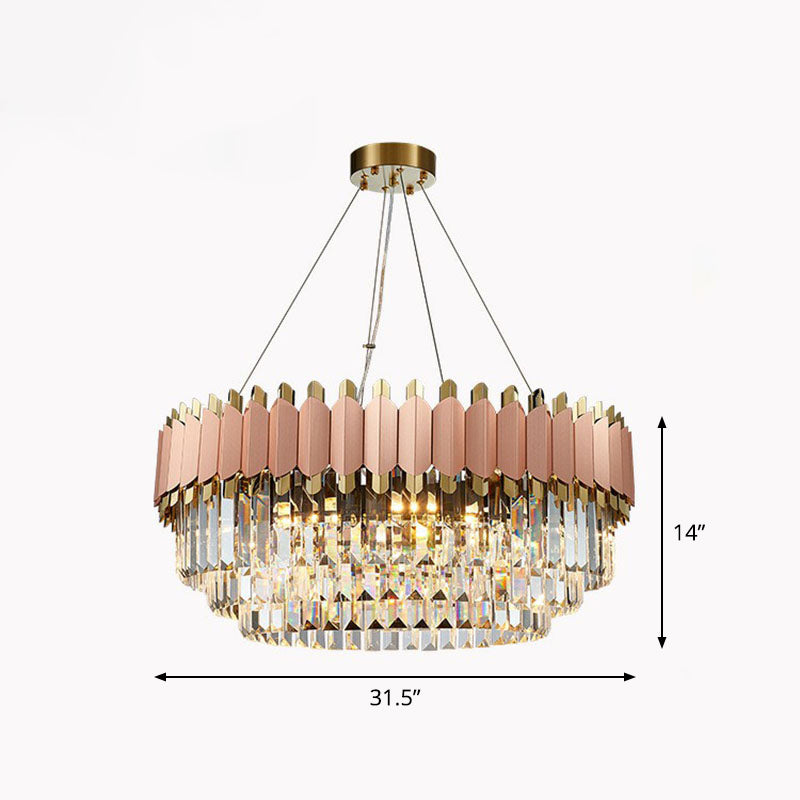 Tiered Round Chandelier Pendant Light Contemporary Prismatic Crystal Living Room Hanging Light in Pink Pink 31.5" Clearhalo 'Ceiling Lights' 'Chandeliers' 'Modern Chandeliers' 'Modern' Lighting' 2255681