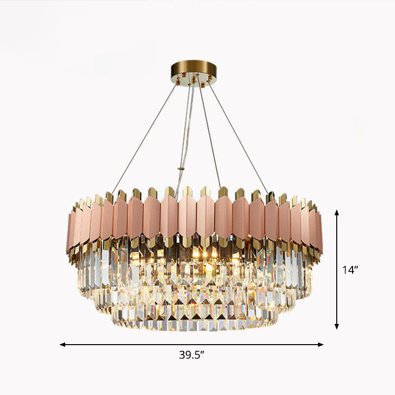Tiered Round Chandelier Pendant Light Contemporary Prismatic Crystal Living Room Hanging Light in Pink Pink 39.5" Clearhalo 'Ceiling Lights' 'Chandeliers' 'Modern Chandeliers' 'Modern' Lighting' 2255682