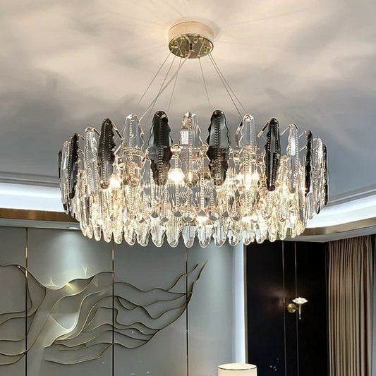 Drum Living Room Suspension Lighting Crystal Modern Style Chandelier Light Fixture in Clear Clear 31.5" Clearhalo 'Ceiling Lights' 'Chandeliers' 'Clear' 'Industrial' 'Modern Chandeliers' 'Modern' 'Tiffany' 'Traditional Chandeliers' Lighting' 2255689