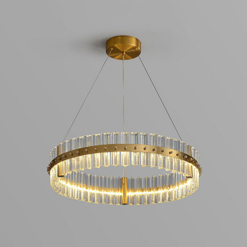 Tri-Prism Crystal Ring Chandelier Lighting Minimalist LED Pendant Light in Gold for Bedroom Gold 31.5" Clearhalo 'Ceiling Lights' 'Chandeliers' 'Modern Chandeliers' 'Modern' Lighting' 2255697