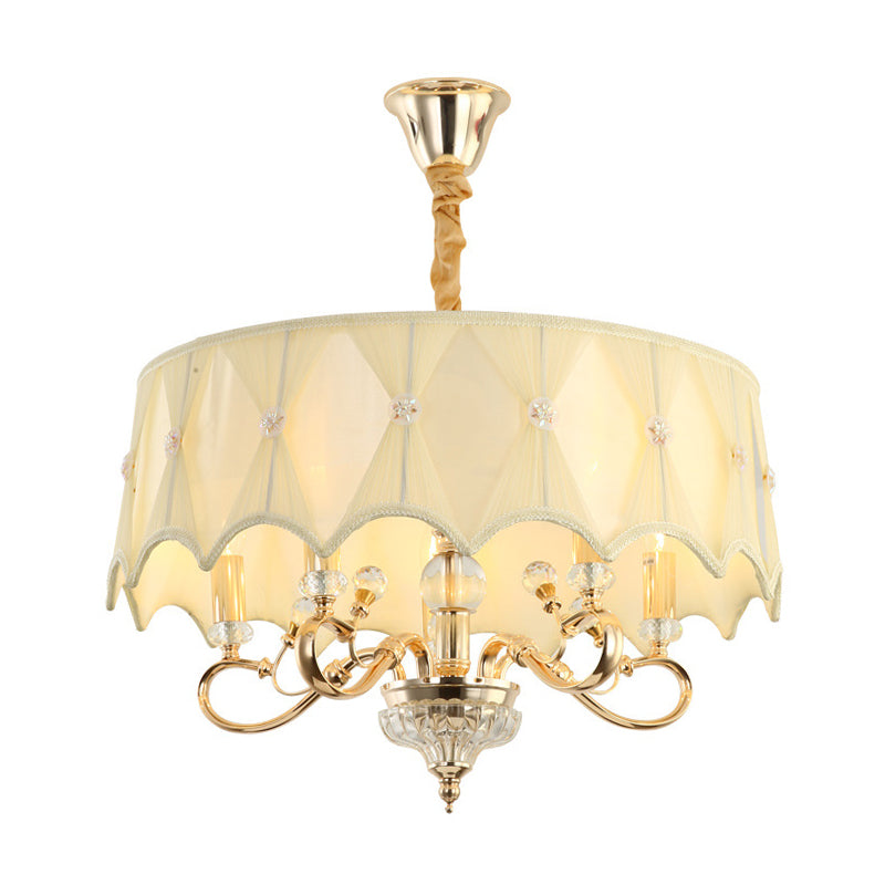 5-Light Fabric Shaded Round Chandelier Traditional White Hanging Ceiling Light with Crystal Stands Clearhalo 'Ceiling Lights' 'Chandeliers' 'Modern Chandeliers' 'Modern' Lighting' 225571