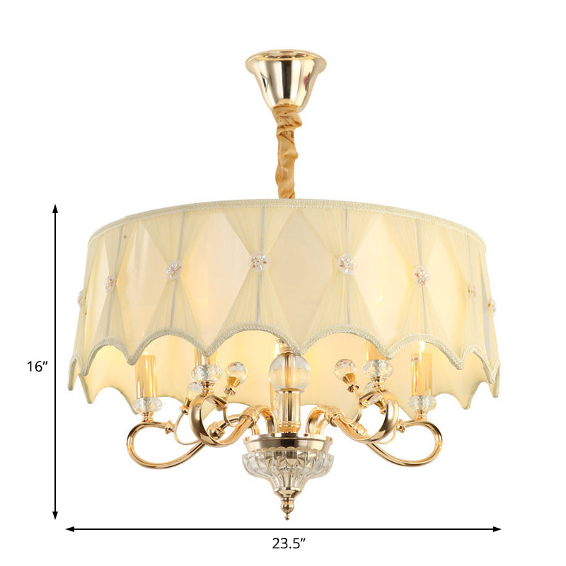 5-Light Fabric Shaded Round Chandelier Traditional White Hanging Ceiling Light with Crystal Stands Clearhalo 'Ceiling Lights' 'Chandeliers' 'Modern Chandeliers' 'Modern' Lighting' 225572