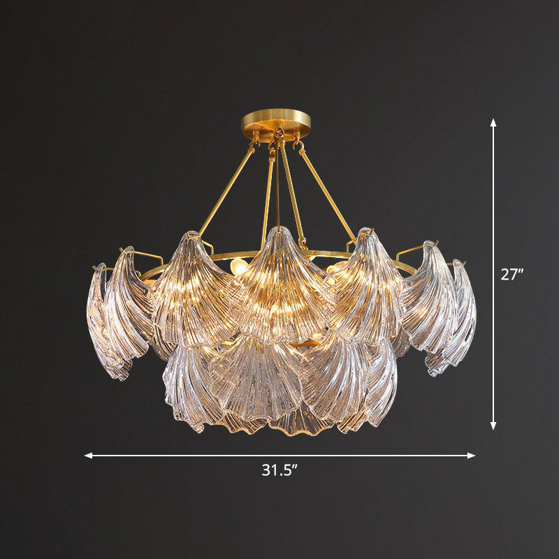 Brass Shell Chandelier Light Simplicity Ribbed Crystal Dining Room Pendant Light Fixture 12 Brass Clearhalo 'Ceiling Lights' 'Chandeliers' 'Modern Chandeliers' 'Modern' Lighting' 2255720