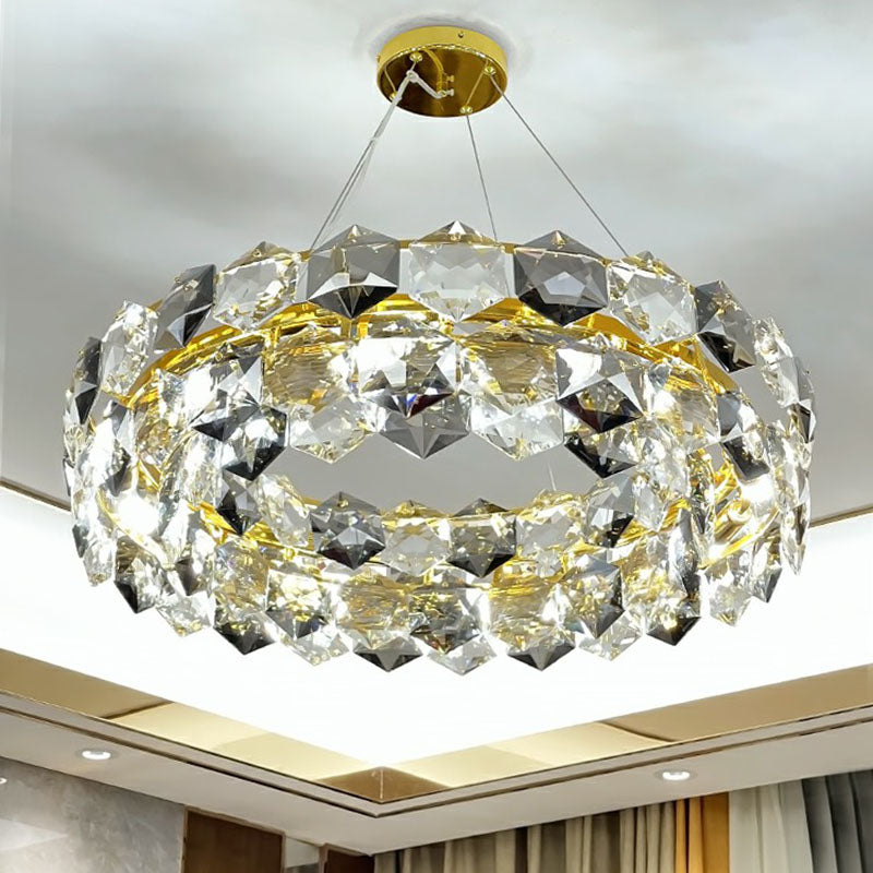 Post-Modern Round Suspension Light Hexagonal-Crystal Living Room Chandelier Lighting in Gold Clearhalo 'Ceiling Lights' 'Chandeliers' 'Modern Chandeliers' 'Modern' Lighting' 2255722