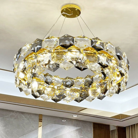 Post-Modern Round Suspension Light Hexagonal-Crystal Living Room Chandelier Lighting in Gold Clearhalo 'Ceiling Lights' 'Chandeliers' 'Modern Chandeliers' 'Modern' Lighting' 2255725