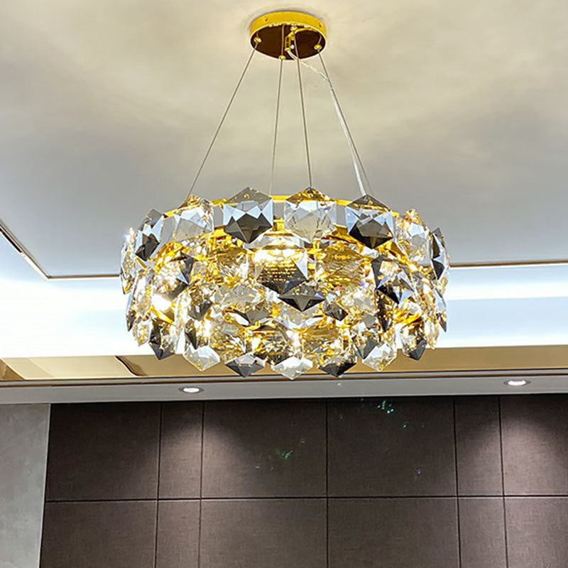 Post-Modern Round Suspension Light Hexagonal-Crystal Living Room Chandelier Lighting in Gold Clearhalo 'Ceiling Lights' 'Chandeliers' 'Modern Chandeliers' 'Modern' Lighting' 2255726