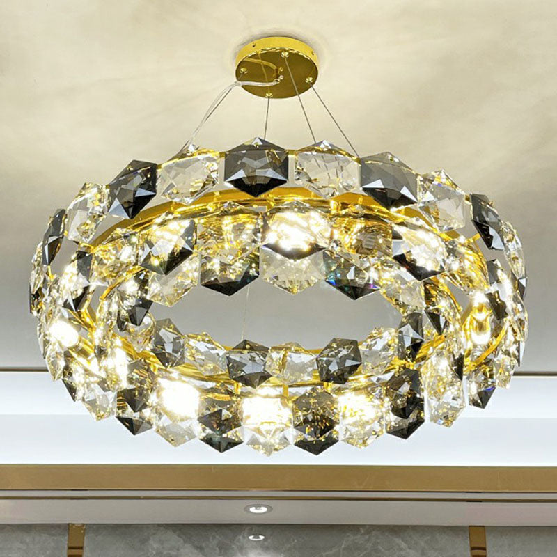 Post-Modern Round Suspension Light Hexagonal-Crystal Living Room Chandelier Lighting in Gold Clearhalo 'Ceiling Lights' 'Chandeliers' 'Modern Chandeliers' 'Modern' Lighting' 2255727