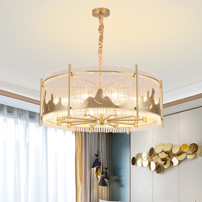 Round Chandelier Lamp Traditional Prismatic Glass 10-Light Gold Ceiling Pendant Light with Mountain Pattern Gold Clearhalo 'Ceiling Lights' 'Chandeliers' 'Modern Chandeliers' 'Modern' Lighting' 225579