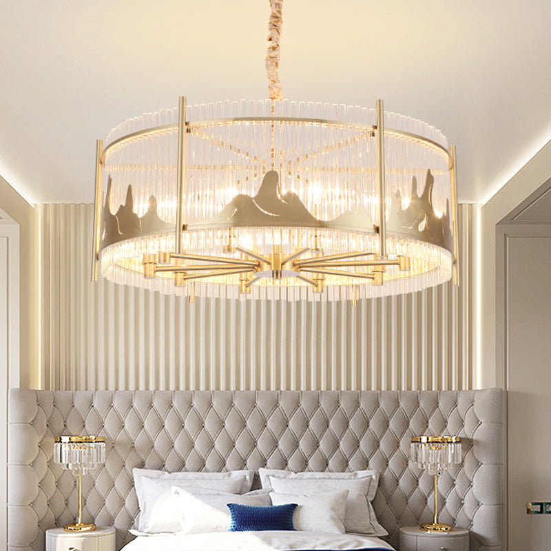 Round Chandelier Lamp Traditional Prismatic Glass 10-Light Gold Ceiling Pendant Light with Mountain Pattern Clearhalo 'Ceiling Lights' 'Chandeliers' 'Modern Chandeliers' 'Modern' Lighting' 225580