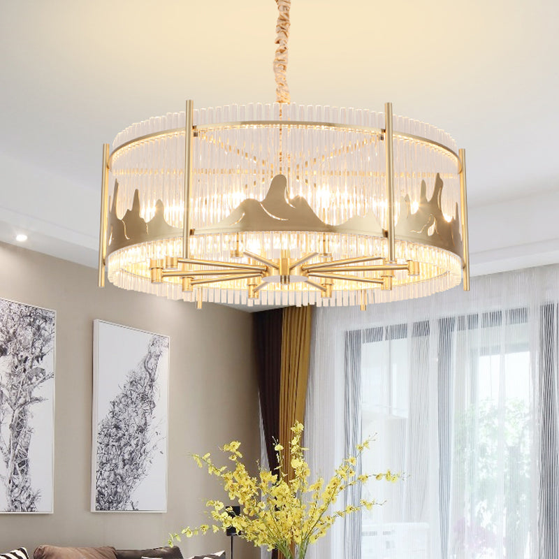 Round Chandelier Lamp Traditional Prismatic Glass 10-Light Gold Ceiling Pendant Light with Mountain Pattern Clearhalo 'Ceiling Lights' 'Chandeliers' 'Modern Chandeliers' 'Modern' Lighting' 225581