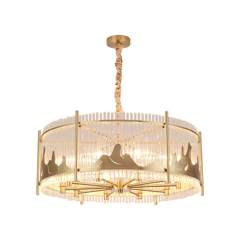 Round Chandelier Lamp Traditional Prismatic Glass 10-Light Gold Ceiling Pendant Light with Mountain Pattern Clearhalo 'Ceiling Lights' 'Chandeliers' 'Modern Chandeliers' 'Modern' Lighting' 225583