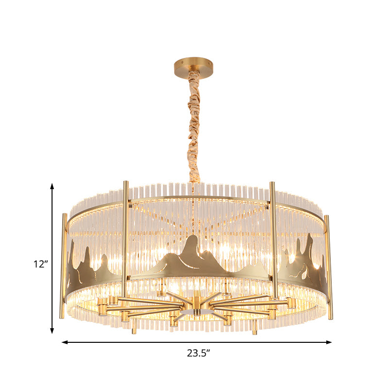 Round Chandelier Lamp Traditional Prismatic Glass 10-Light Gold Ceiling Pendant Light with Mountain Pattern Clearhalo 'Ceiling Lights' 'Chandeliers' 'Modern Chandeliers' 'Modern' Lighting' 225584