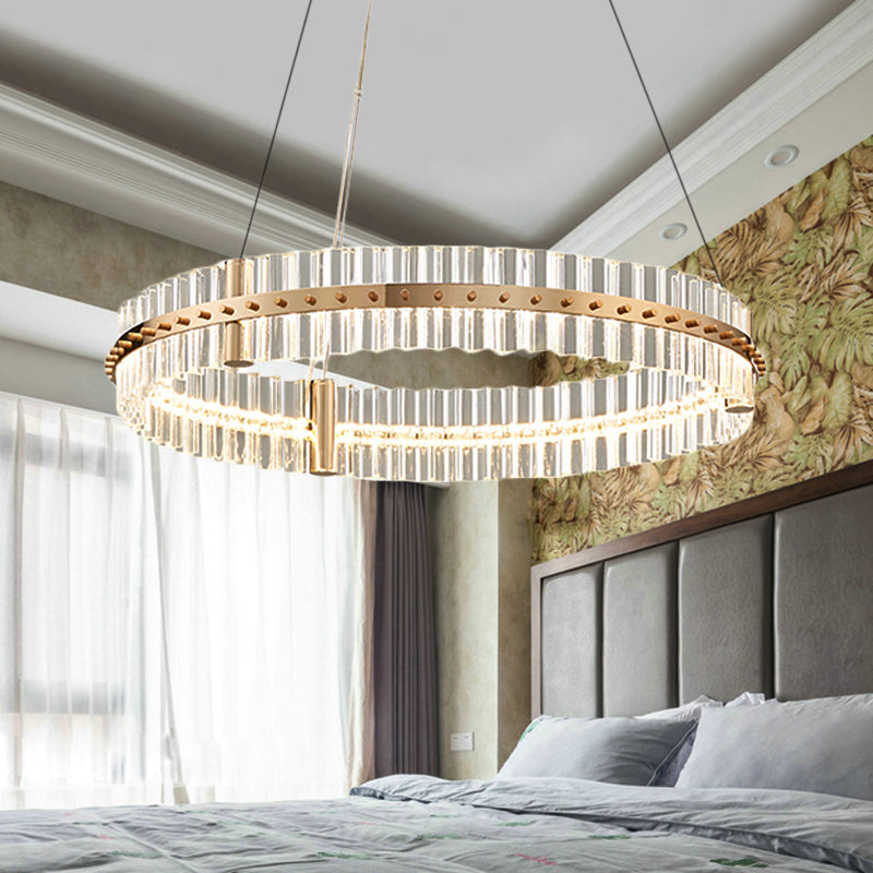 Minimalist Circular Clear Crystal Chandelier Lamp LED Golden Bedroom Pendant Light Kit Clearhalo 'Ceiling Lights' 'Chandeliers' 'Modern Chandeliers' 'Modern' Lighting' 225597