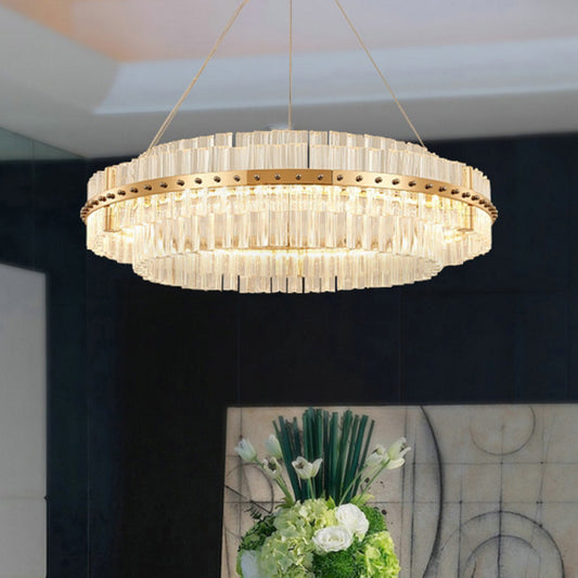 19.5" Dia 2-Tiered Chandelier Contemporary Crystal LED Gold Hanging Ceiling Light with Adjustable Hanging Cords Gold Clearhalo 'Ceiling Lights' 'Chandeliers' 'Modern Chandeliers' 'Modern' Lighting' 225601