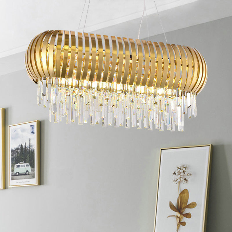 Metallic Oblong Island Chandelier Postmodern 16 Lights Gold Ceiling Lighting with Crystal Icicles Gold Clearhalo 'Ceiling Lights' 'Island Lights' Lighting' 225628