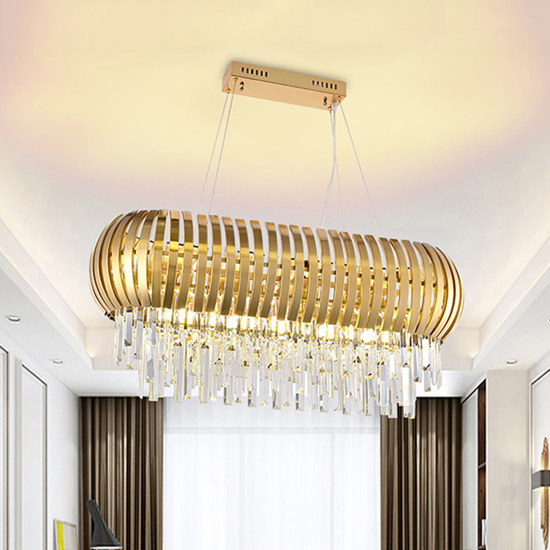 Metallic Oblong Island Chandelier Postmodern 16 Lights Gold Ceiling Lighting with Crystal Icicles Clearhalo 'Ceiling Lights' 'Island Lights' Lighting' 225629