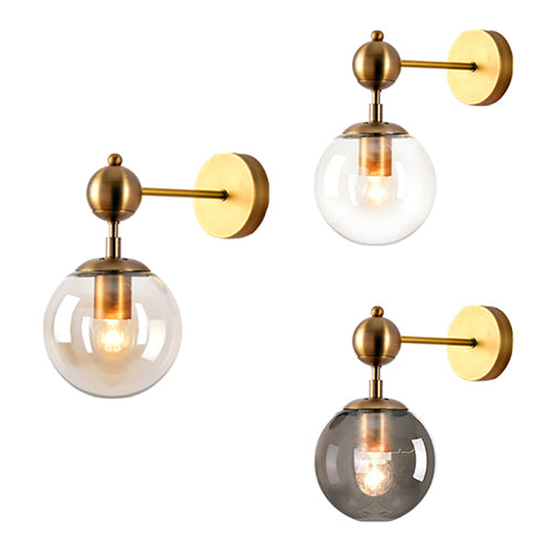 1 Light Clear/Grey/Amber Glass Wall Sconce Vintage Brass Globe Shade Living Room Lighting Fixture Clearhalo 'Cast Iron' 'Glass' 'Industrial' 'Modern wall lights' 'Modern' 'Tiffany' 'Traditional wall lights' 'Wall Lamps & Sconces' 'Wall Lights' Lighting' 22563