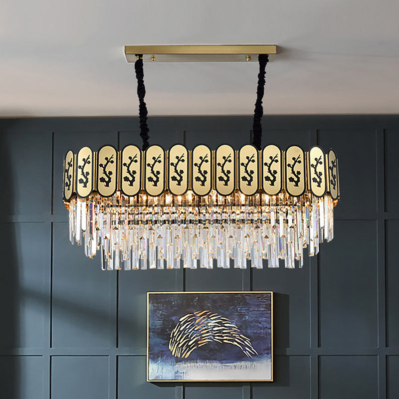 10-Light Gold Island Light Chinese Style Tiered Oblong Crystal Shaded Hanging Lamp Gold Clearhalo 'Ceiling Lights' 'Island Lights' Lighting' 225638