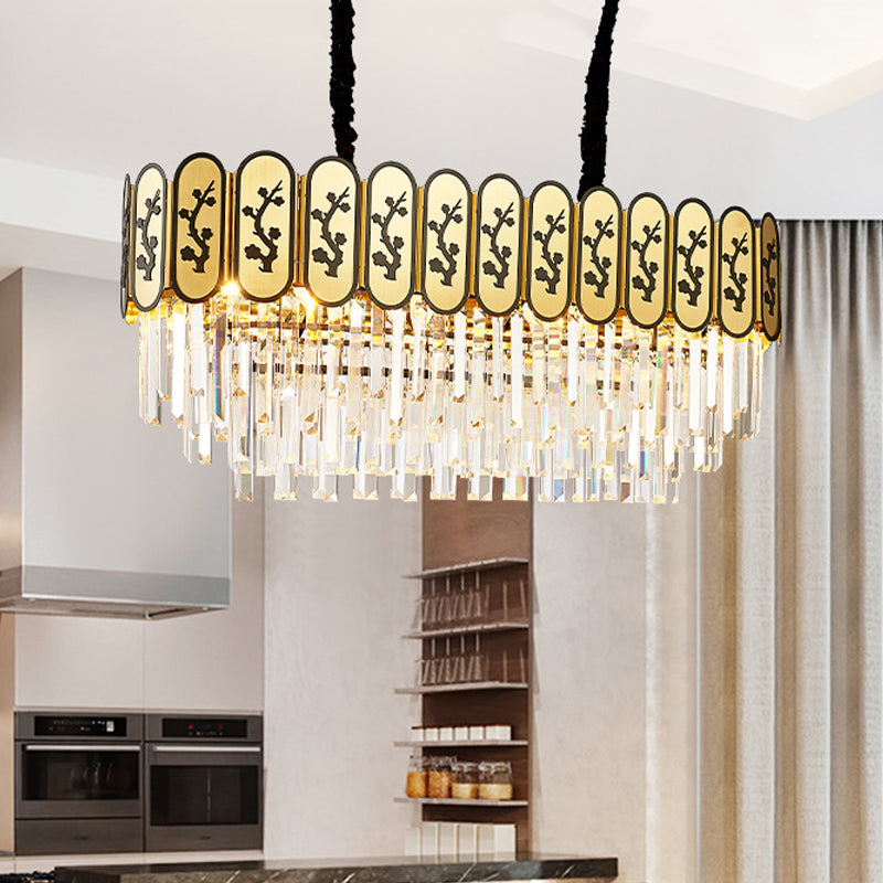 10-Light Gold Island Light Chinese Style Tiered Oblong Crystal Shaded Hanging Lamp Clearhalo 'Ceiling Lights' 'Island Lights' Lighting' 225639