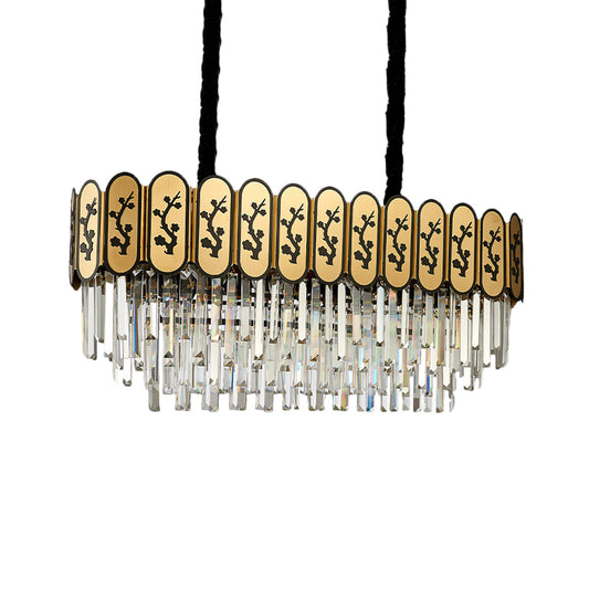 10-Light Gold Island Light Chinese Style Tiered Oblong Crystal Shaded Hanging Lamp Clearhalo 'Ceiling Lights' 'Island Lights' Lighting' 225640