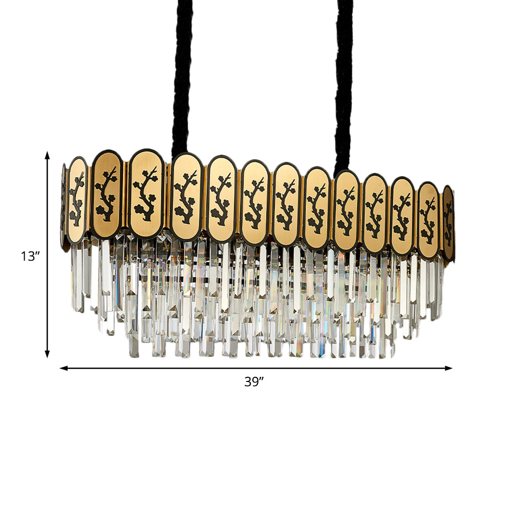 10-Light Gold Island Light Chinese Style Tiered Oblong Crystal Shaded Hanging Lamp Clearhalo 'Ceiling Lights' 'Island Lights' Lighting' 225641