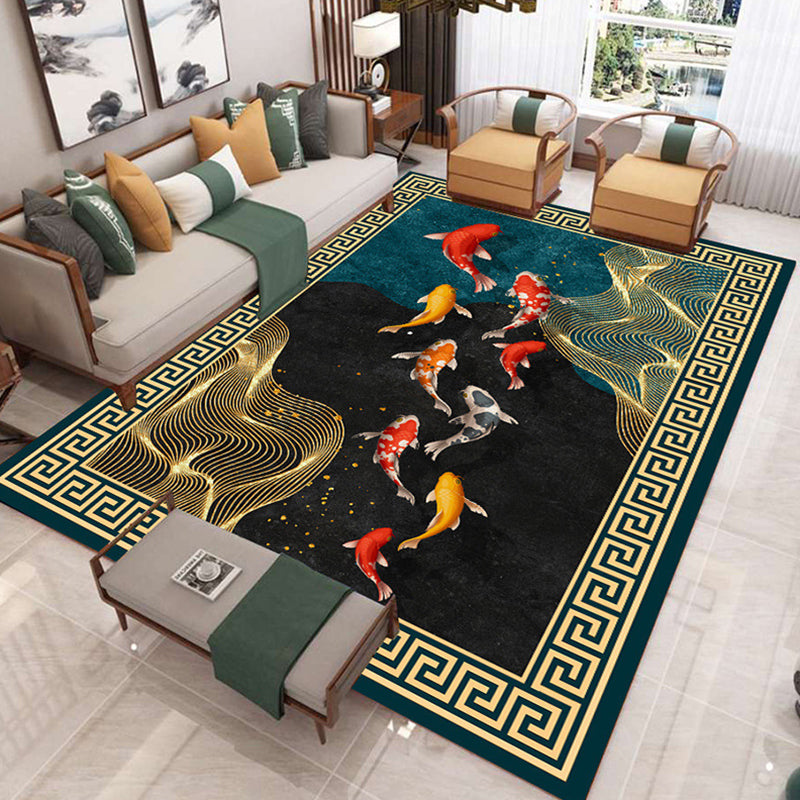 Art Deco Multicolor Asian Rug Synthetics Floral Print Carpet Machine Washable Pet-Friendly Anti-Slip Rug for Sitting Room Black Clearhalo 'Area Rug' 'Rug' 2256696