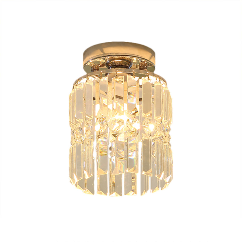 Minimal Cylindrical Small Ceiling Lamp Crystal 1-Light Corridor Ceiling Flush Mount in Chrome Clearhalo 'Ceiling Lights' 'Close To Ceiling Lights' 'Close to ceiling' 'Flush mount' Lighting' 225676