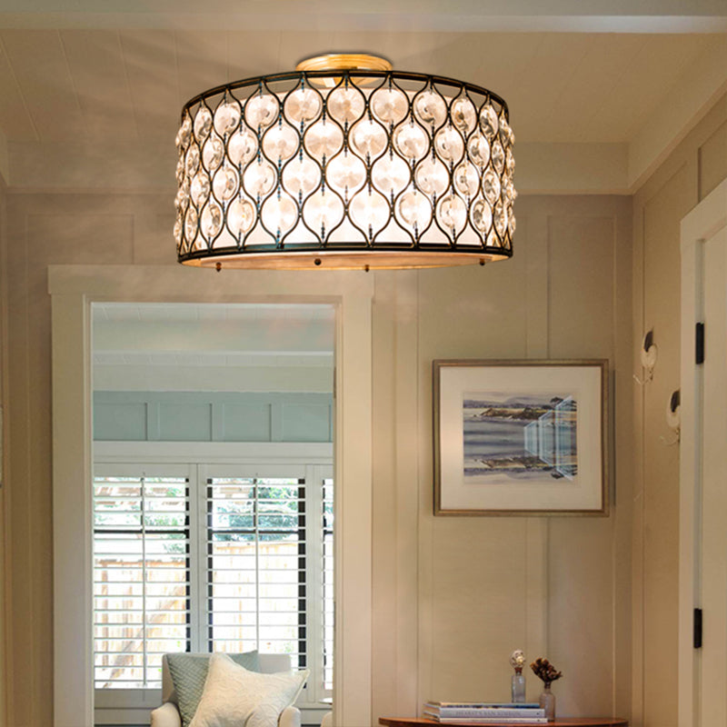 Chicken Wire Iron Frame Semi Flush Light Modern 3 Lights Bronze Ceiling Lighting with Crystal Shell for Corridor Clearhalo 'Ceiling Lights' 'Close To Ceiling Lights' 'Close to ceiling' 'Semi-flushmount' Lighting' 225685