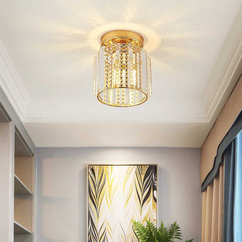 Cylindrical Crystal Mini Flush Lamp Simple 1 Light Golden Corridor Ceiling Mounted Light, 7" Wide Clearhalo 'Ceiling Lights' 'Close To Ceiling Lights' 'Close to ceiling' 'Flush mount' Lighting' 225724