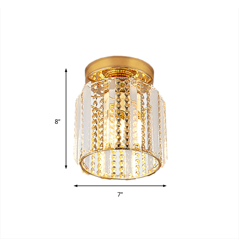 Cylindrical Crystal Mini Flush Lamp Simple 1 Light Golden Corridor Ceiling Mounted Light, 7" Wide Clearhalo 'Ceiling Lights' 'Close To Ceiling Lights' 'Close to ceiling' 'Flush mount' Lighting' 225726