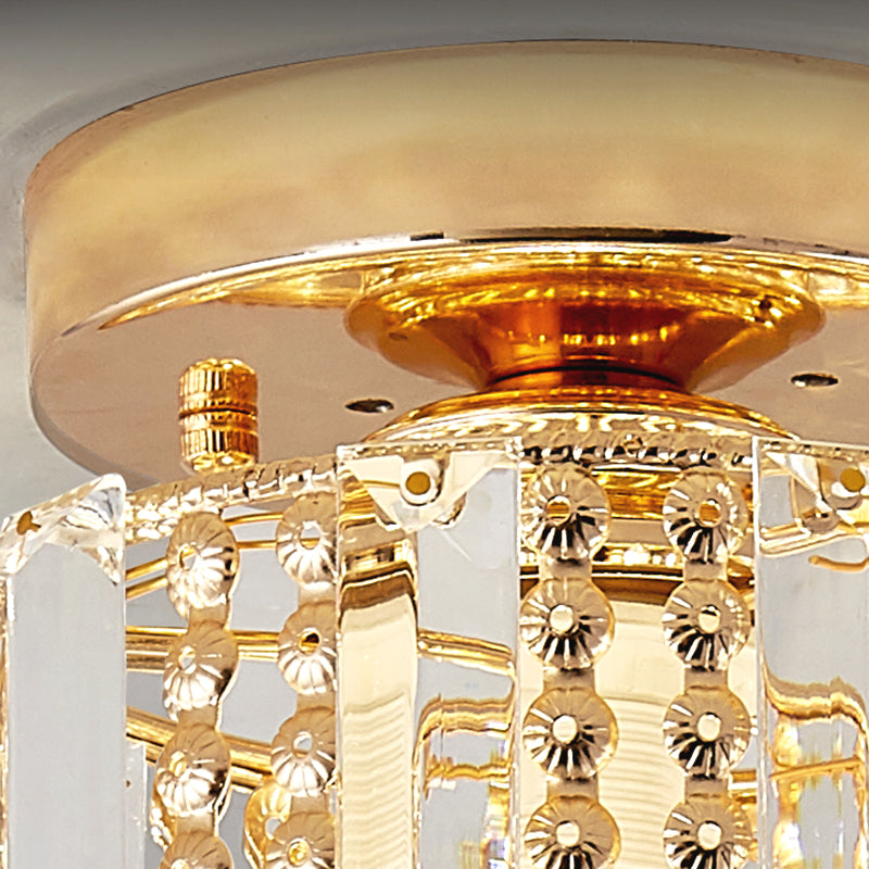 Cylindrical Crystal Mini Flush Lamp Simple 1 Light Golden Corridor Ceiling Mounted Light, 7" Wide Clearhalo 'Ceiling Lights' 'Close To Ceiling Lights' 'Close to ceiling' 'Flush mount' Lighting' 225727