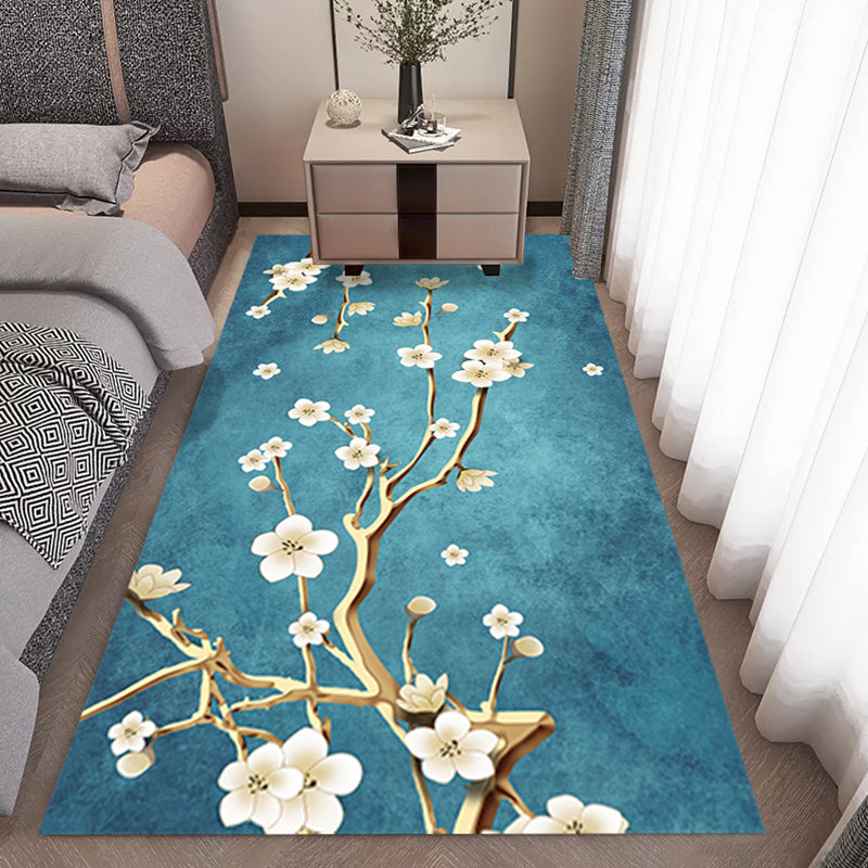 Asian Bedroom Area Rug Multi-Color Flower Branch Rug Polypropylene Anti-Slip Stain Resistant Washable Rug Lake Blue Clearhalo 'Area Rug' 'Rug' 2257376