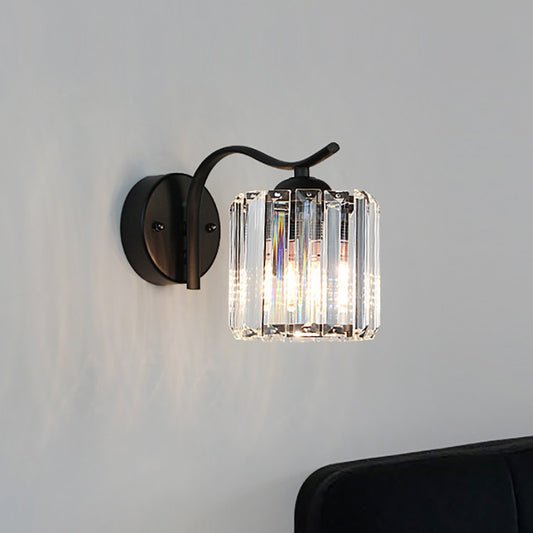 Contemporary Tapered Wall Lamp Clear Crystal 1 Head Bedside Wall Sconce Light with Curved/Straight Arm in Black Black Curved Clearhalo 'Modern wall lights' 'Modern' 'Wall Lamps & Sconces' 'Wall Lights' Lighting' 225769