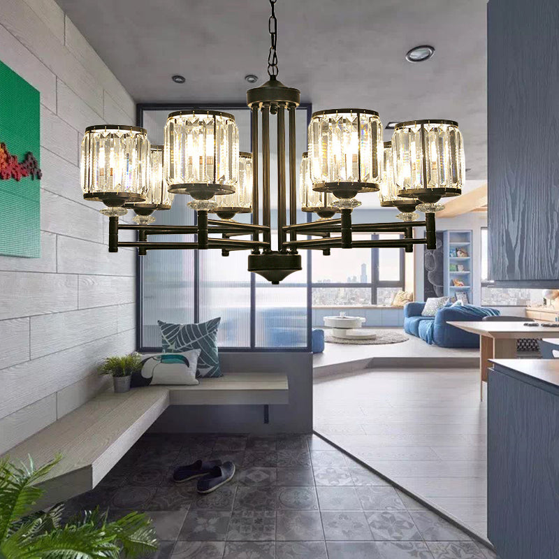 Retro Cylindrical Chandelier Pendant Light Crystal 3/6/8 Lights Hanging Light Kit in Black with Adjustable Chain 8 Black Clearhalo 'Ceiling Lights' 'Chandeliers' 'Modern Chandeliers' 'Modern' Lighting' 225779