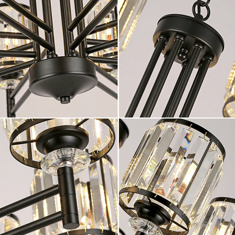 Retro Cylindrical Chandelier Pendant Light Crystal 3/6/8 Lights Hanging Light Kit in Black with Adjustable Chain Clearhalo 'Ceiling Lights' 'Chandeliers' 'Modern Chandeliers' 'Modern' Lighting' 225783